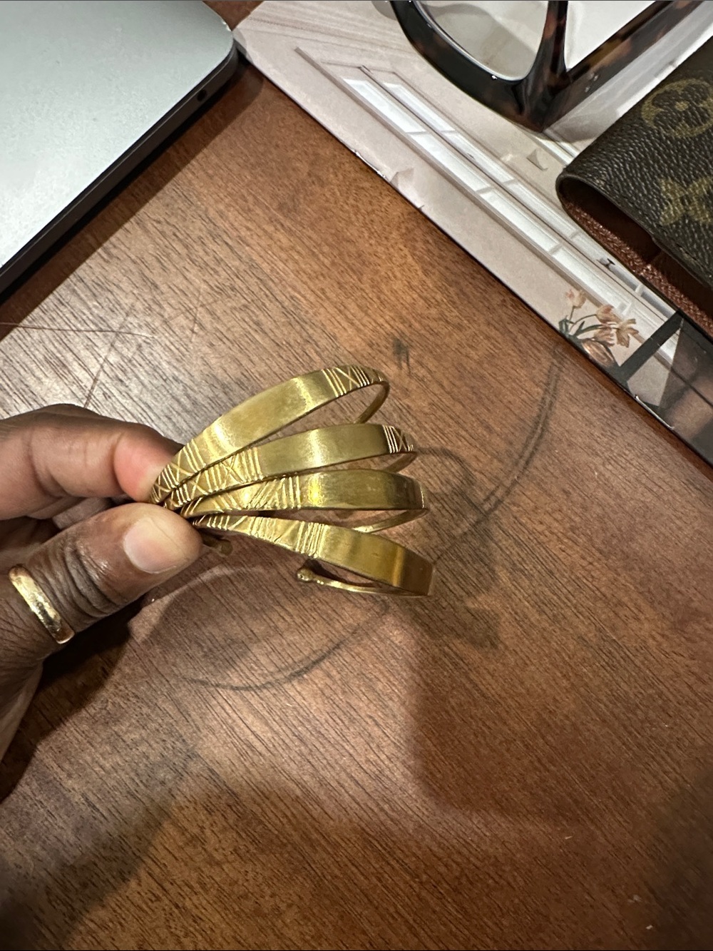 Gold Brass Textured Stackable Cuff Bracelet - Women Accessories